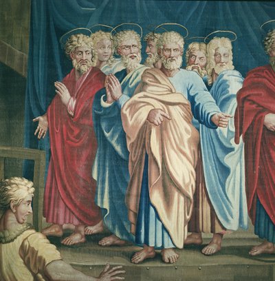 Tapiz que representa los Hechos de los Apóstoles, la Muerte de Ananías (detalle) de San Pablo y los Apóstoles, tejido en el Taller de Beauvais bajo la dirección de Philippe Behagle de Raffaello Sanzio Raphael